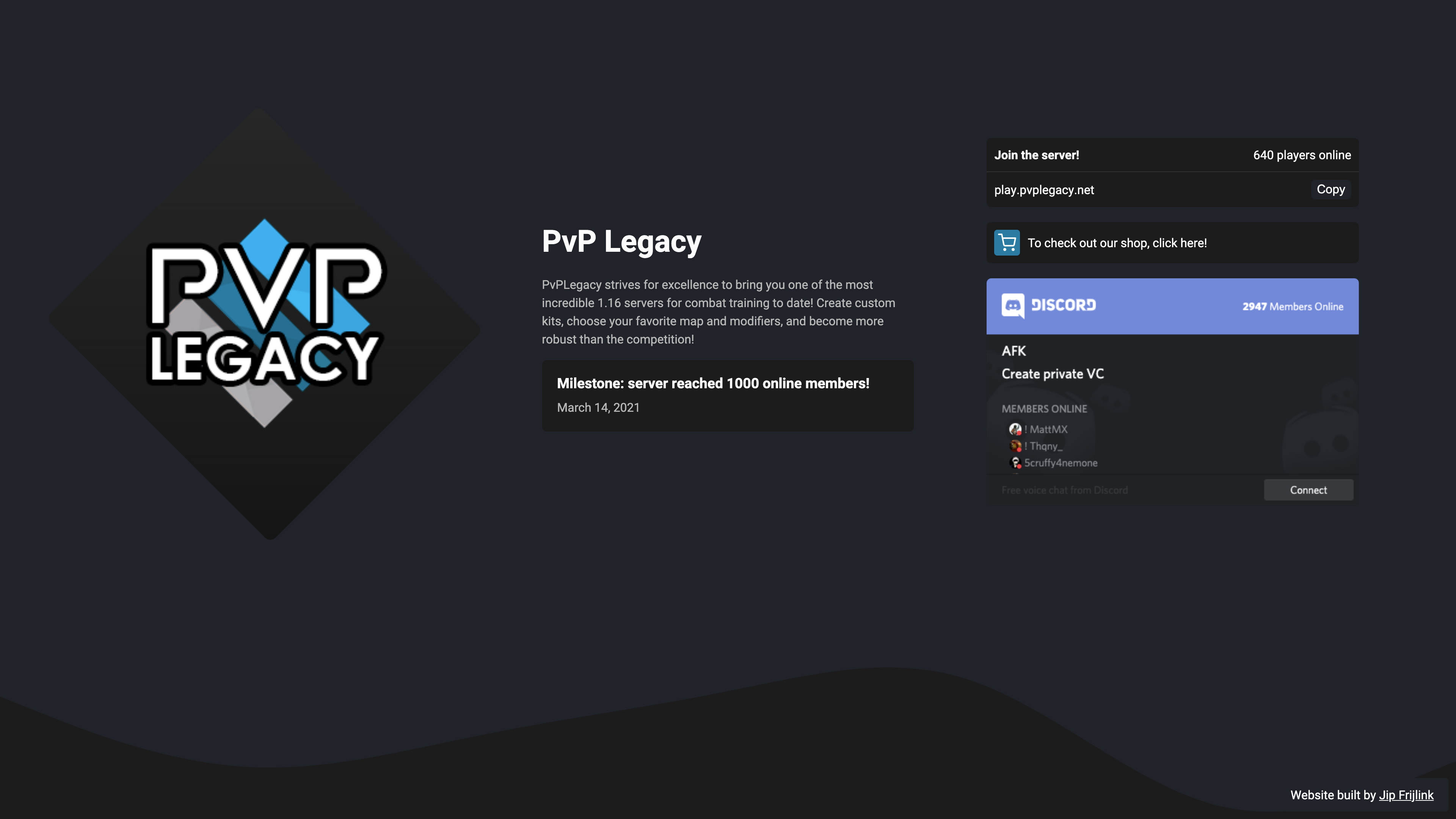 PvP Legacy website in dark mode