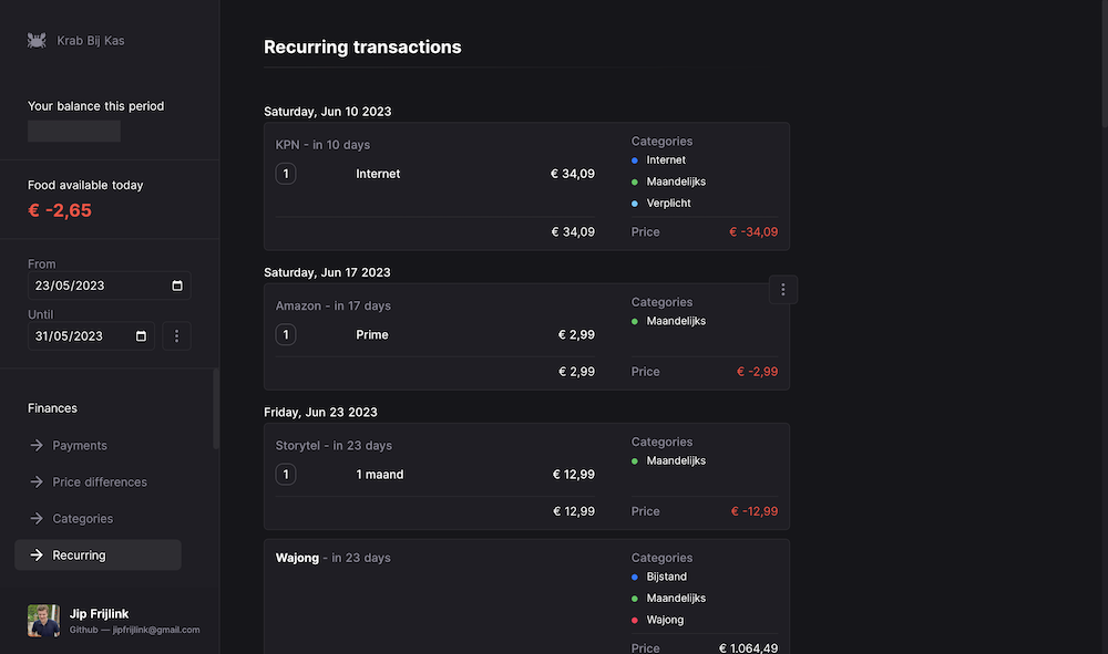 Recurring transactions page